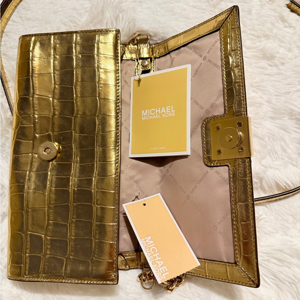 Michael Kors Metallic Gold Croc-Embossed Crossbody Bag - Picture 10 of 10